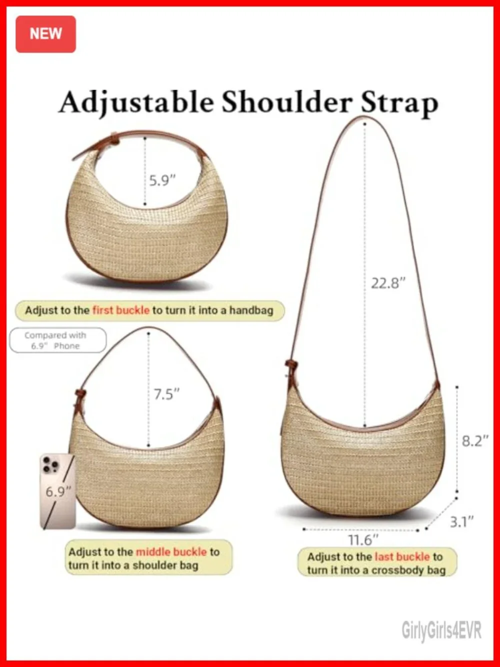 Handwoven Straw Crossbody Bag Hobo Beach Purse with Adjustable Strap